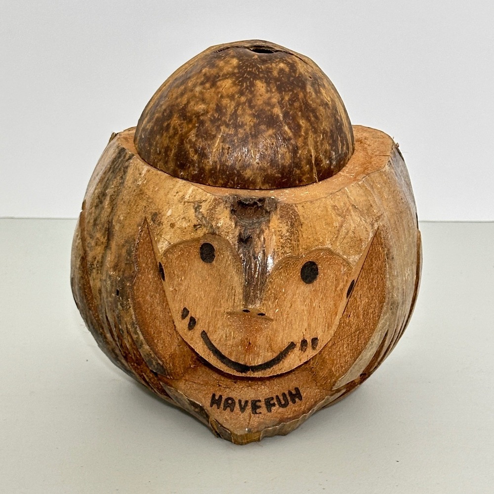 Vintage Hand Carved Coconut Shell Coin Bank Tiki Souvenir Have Fun Smiley Face